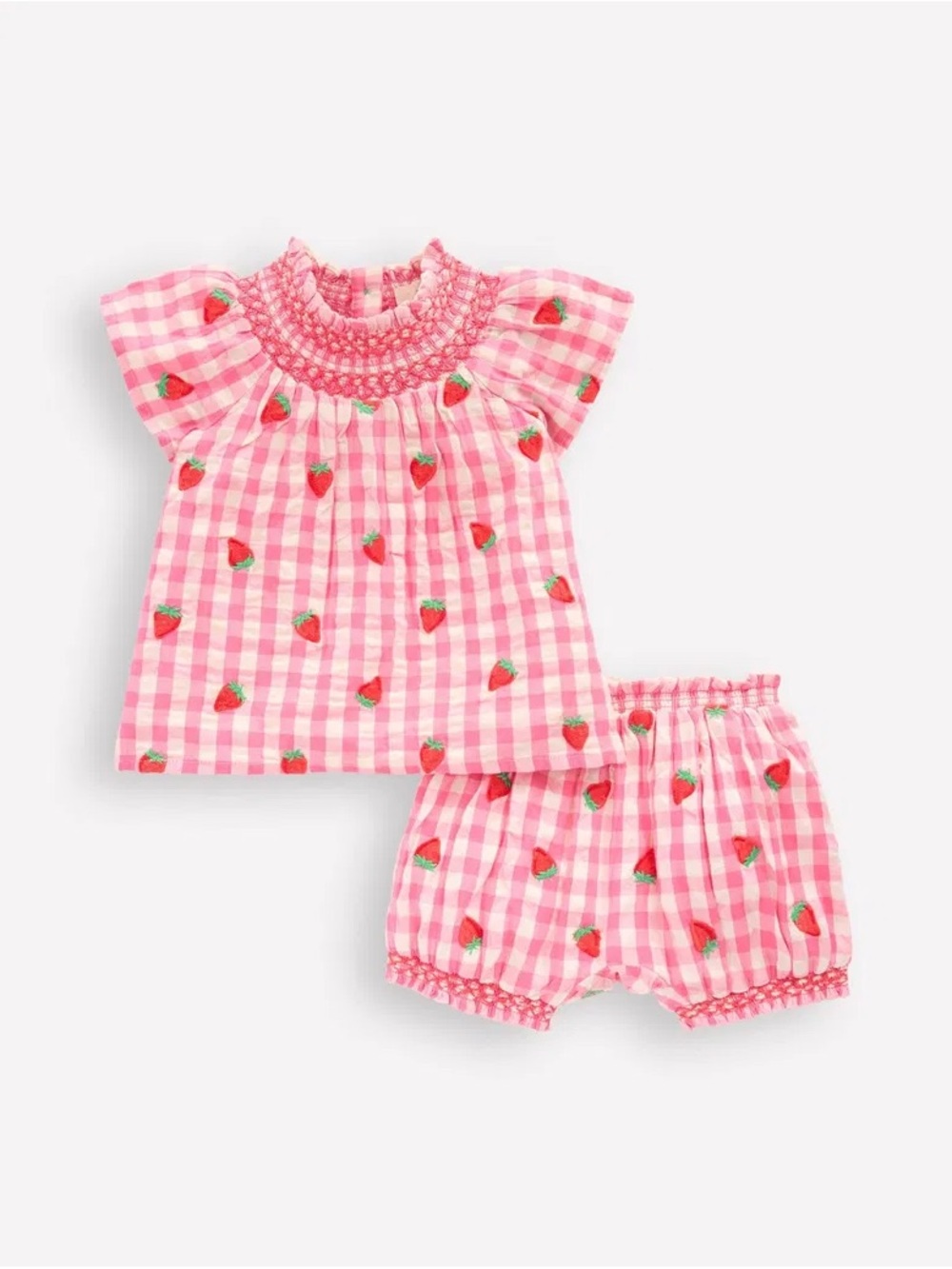 Baby Boden Pink Gingham Strawberry Smocked Top & Shorts